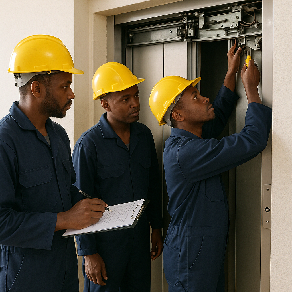a technician inspecting elevators doors and interlocks